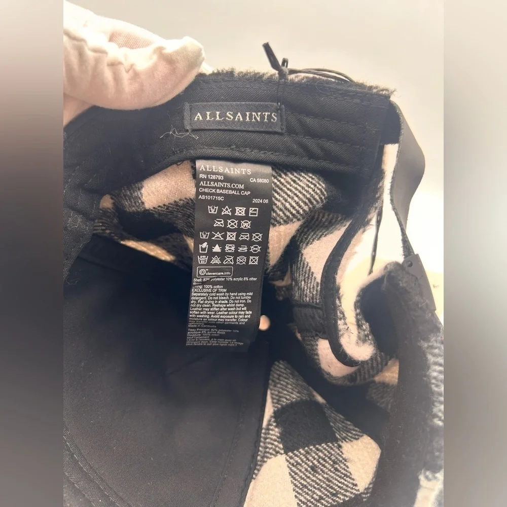 Allsaints Black/White Tweed Check Plaid Adjustable Baseball Cap Authentic NWT